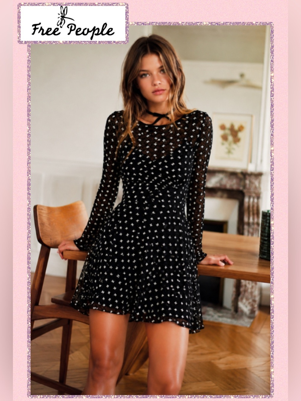🆕 Free People Sheer Delight Mini Dress in Black Combo Medium Boho